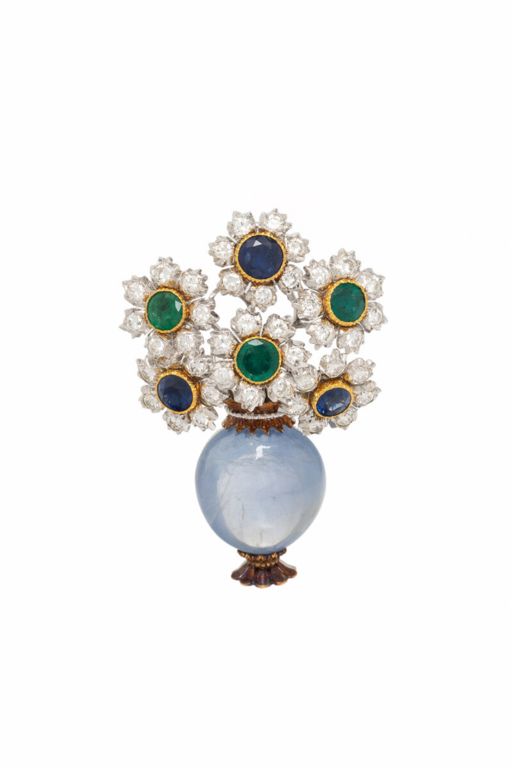 18k Two-Tone Gold Multi-Gem Flower Vase Brooch