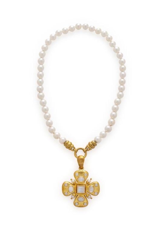 19k Gold Pearl and Moonstone Pendant Necklace