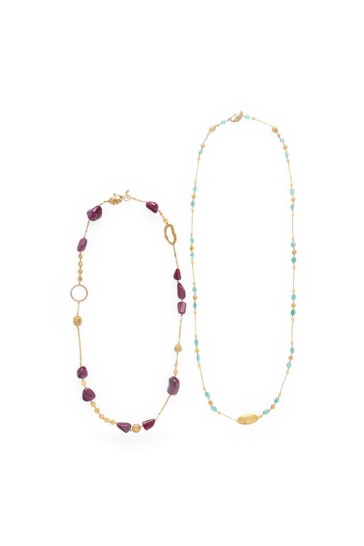 Two Yellow Gold Multi-Gem Bead Necklaces