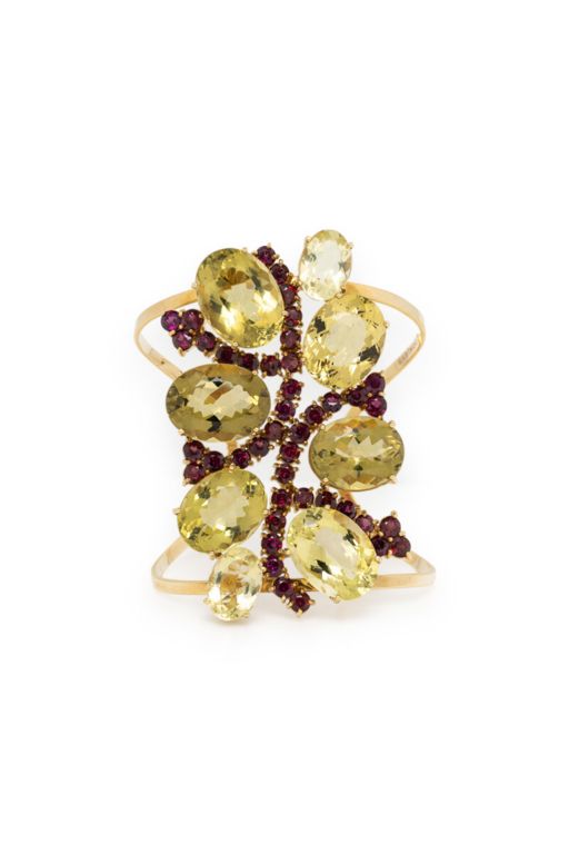 18k Gold Quartz, Beryl and Garnet Cuff Bracelet