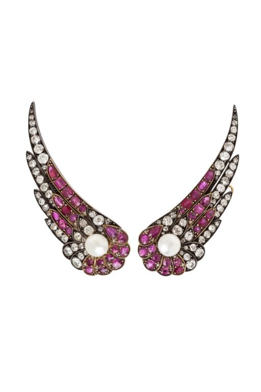 Gold and Silver Ruby, Diamond and Pearl Earrings