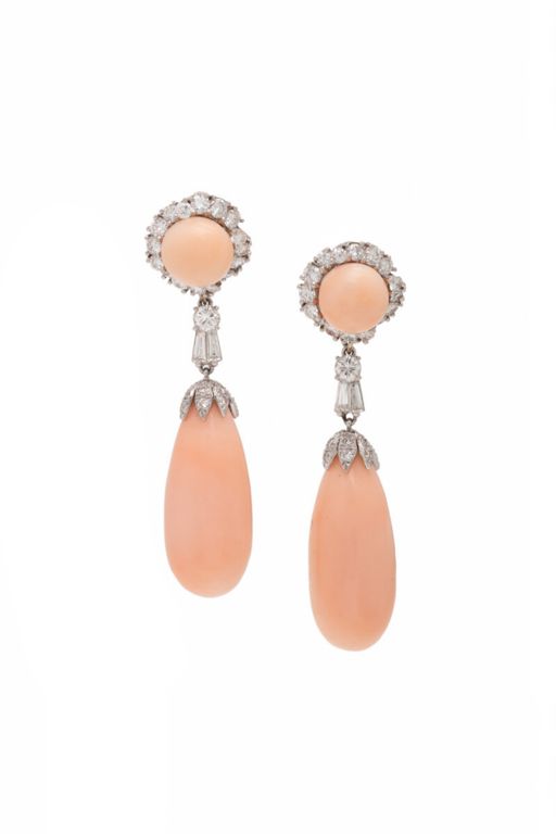 Platinum Coral and Diamond Drop Earrings