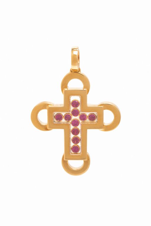 Yellow Gold Ruby and Rock Crystal Cross Pendant