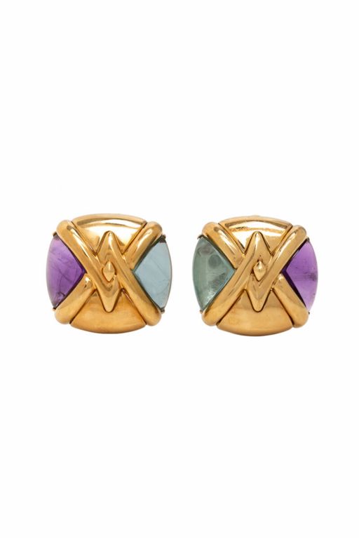 18k Yellow Gold Amethyst and Aquamarine Earrings