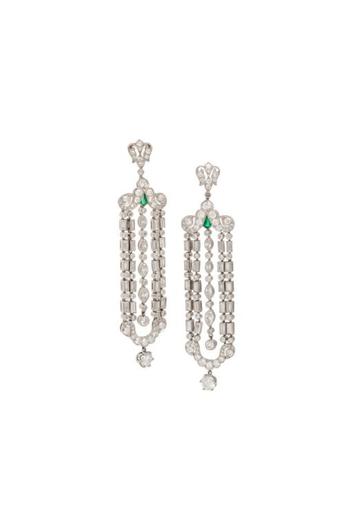 Platinum and 18k Gold Diamond and Emerald Earrings