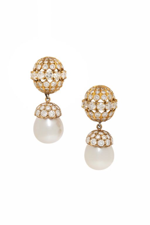 Yellow Gold Pearl and Diamond Drop Earrings