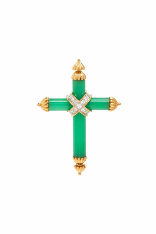 18k Gold Chalcedony and Diamond Cross Pendant