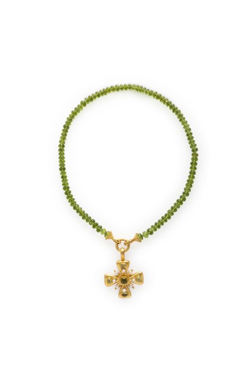 19k Gold Peridot and Pearl Cross Pendant Necklace