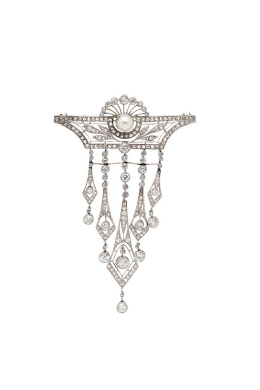 Platinum and White Gold Diamond and Pearl Brooch
