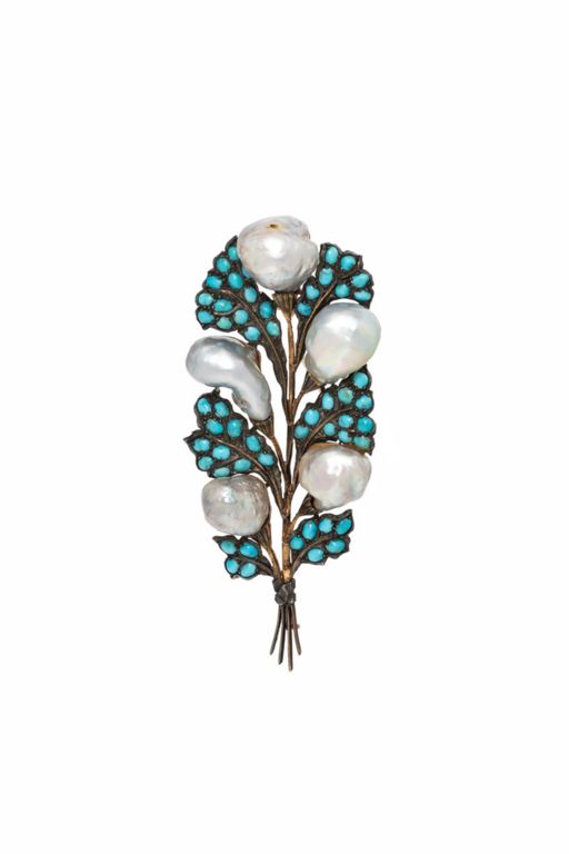 Gold and Silver Pearl and Turquoise Foliate Brooch