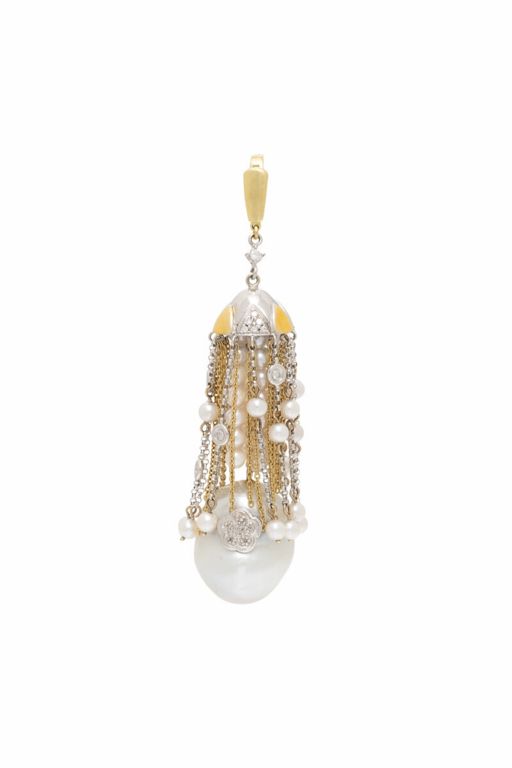 Two-Tone Gold Pearl and Diamond Tassel Pendant