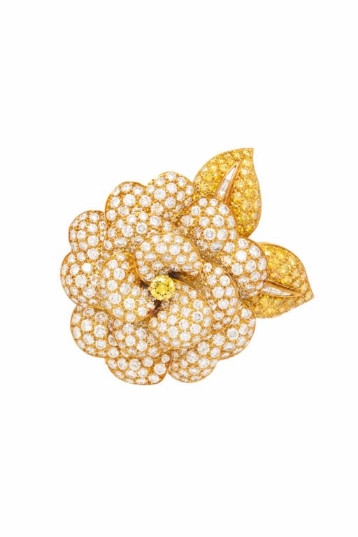 18k Yellow Gold Diamond Gardenia Brooch