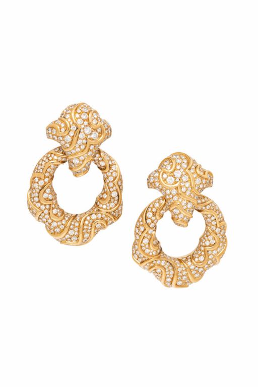 18k Yellow Gold Diamond Door Knocker Earrings