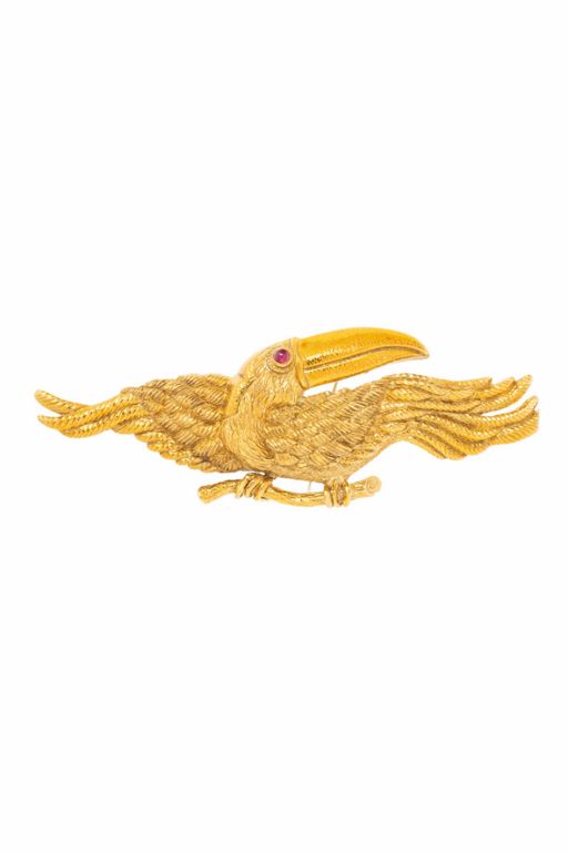 18k Gold Ruby Toucan Pendant/Brooch Necklace