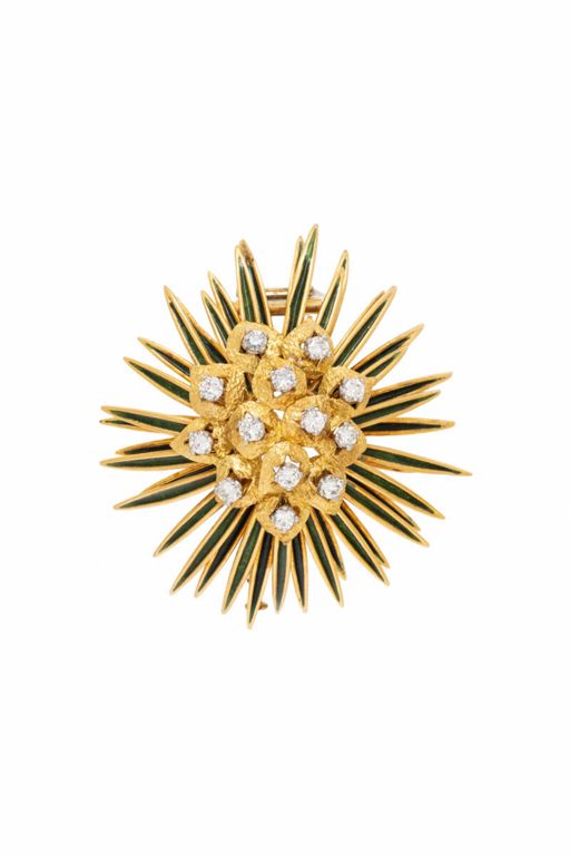 18k Yellow Gold Diamond and Enamel Brooch