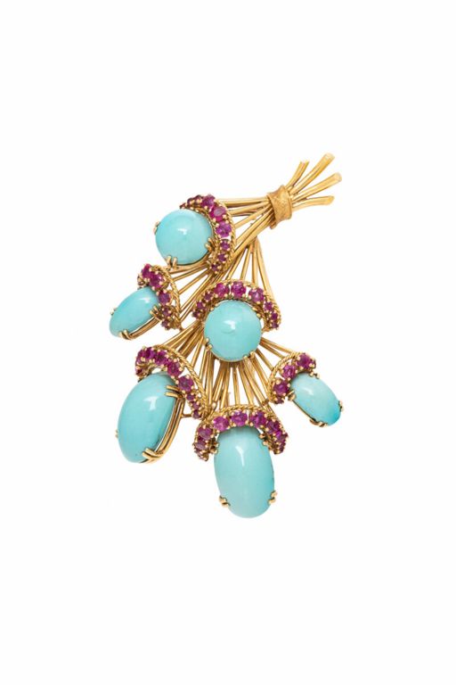 18k Yellow Gold Turquoise and Ruby Bouquet Brooch