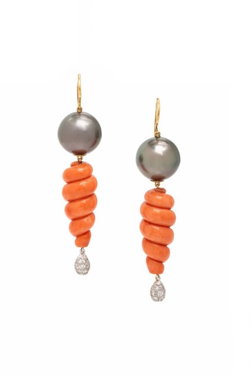 18k Gold Coral, Pearl and Diamond Pendant Earrings