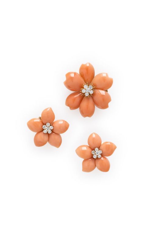 18k Gold Coral and Diamond Floral Jewelry Set