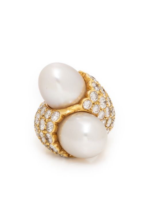 18k Yellow Gold Pearl and Diamond Bypass Ring
