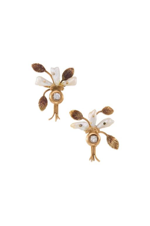 Pair of 10k Gold Pearl and Diamond Earrings