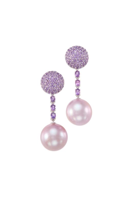 Pair of 18k Gold Pearl and Amethyst Earrings