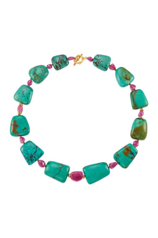 18k Gold Turquoise and Ruby Necklace