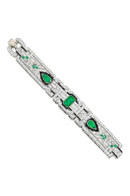 Platinum Emerald, Onyx and Diamond Bracelet