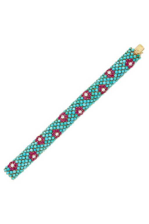 18k Gold Turquoise, Ruby and Diamond Bracelet