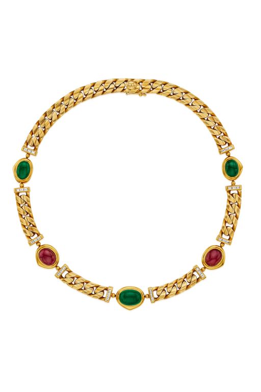 18k Gold Emerald, Ruby and Diamond Necklace