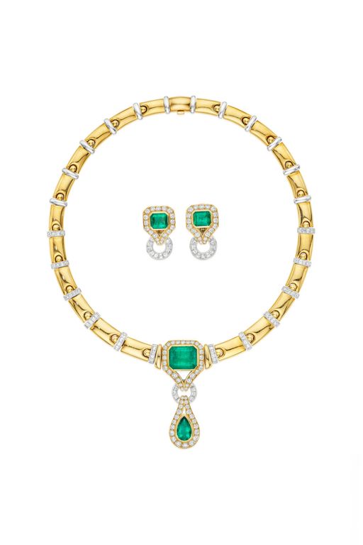 18k Gold Emerald and Diamond Jewelry Set