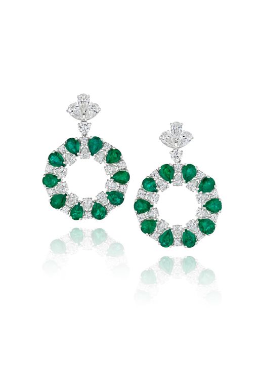 Pair of 18k Gold Emerald and Diamond Earrings