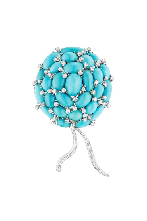 18k Gold, Platinum Turquoise and Diamond Brooch