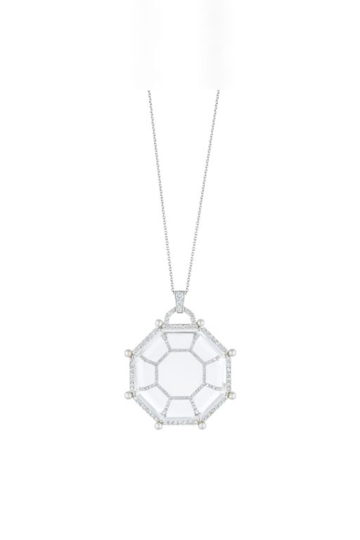 Rock Crystal, Pearl and Diamond Pendant Necklace