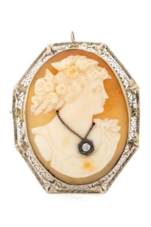 14k Gold Shell Cameo Diamond Pendant/Brooch