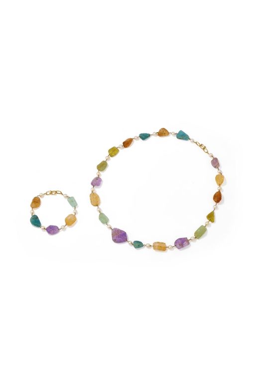 18k Gold Multi-Gem and Pearl Jewelry Set