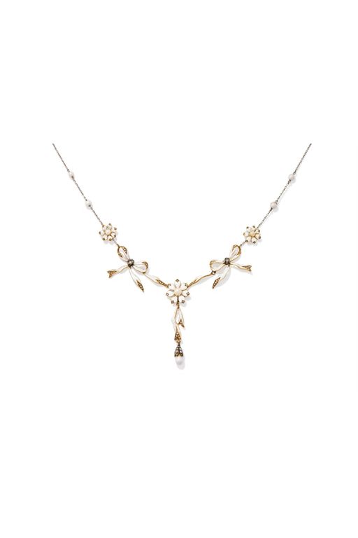 Enamel Diamond and Pearl Pendant Necklace