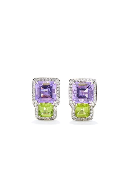 18k Gold Amethyst, Peridot and Diamond Earrings