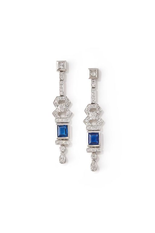 Pair of Platinum Sapphire and Diamond Earrings