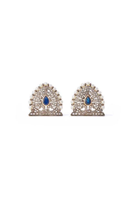 Pair of Sapphire, Diamond and Pearl Earrings