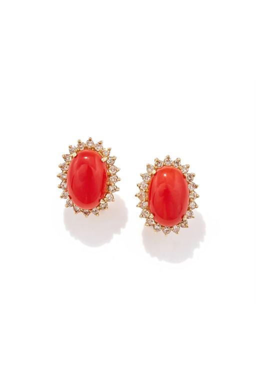 Pair of 14k Gold Coral and Diamond Earrings