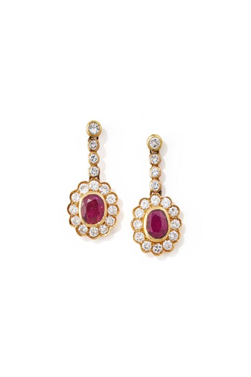 Pair of 18k Gold Ruby and Diamond Earrings