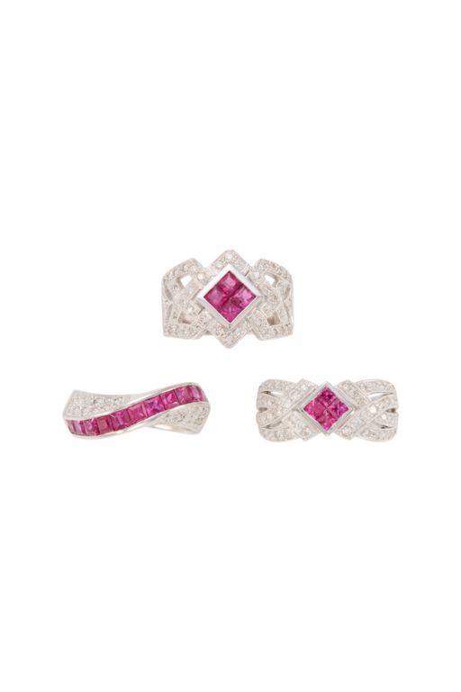 Three 14k Gold Ruby and Diamond Rings