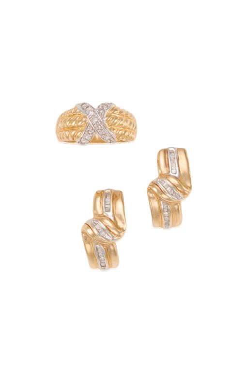 Gold Diamond Earrings and Ring