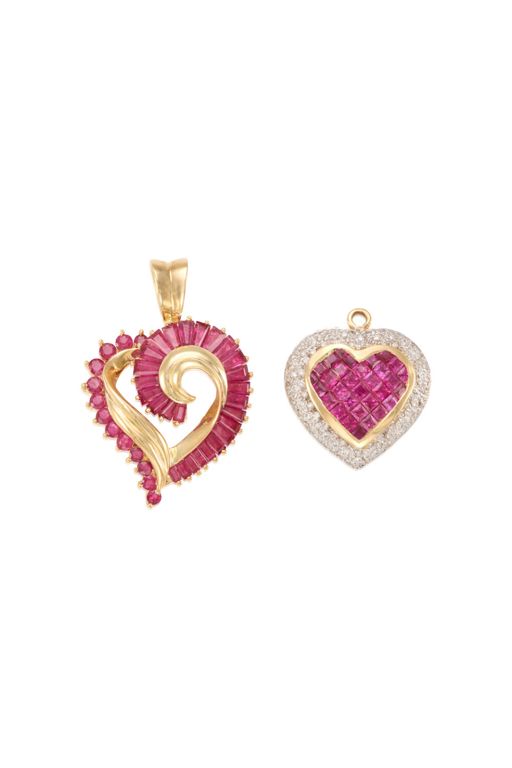 Two 14k Gold Ruby and Diamond Pendants