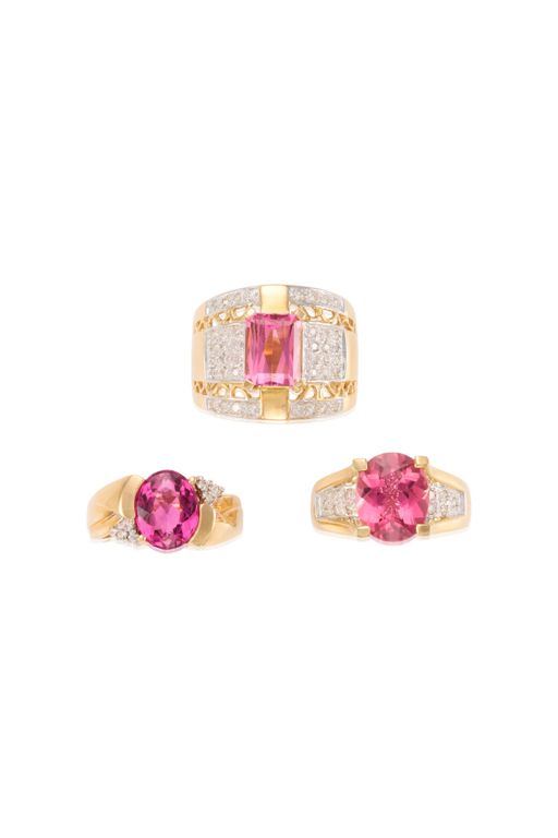 Three 14k Gold Tourmaline and Diamond Rings
