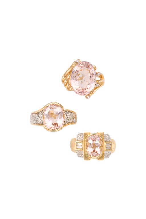 Three 14k Gold Morganite and Diamond Rings