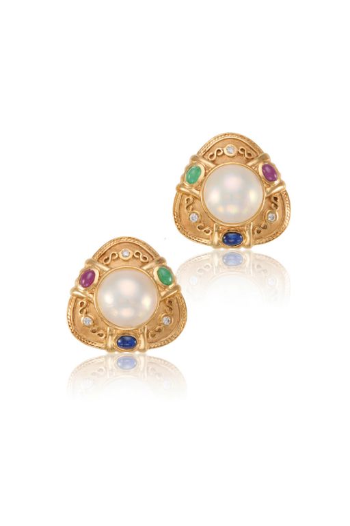 14k Gold Multi-Gem and Pearl Earrings