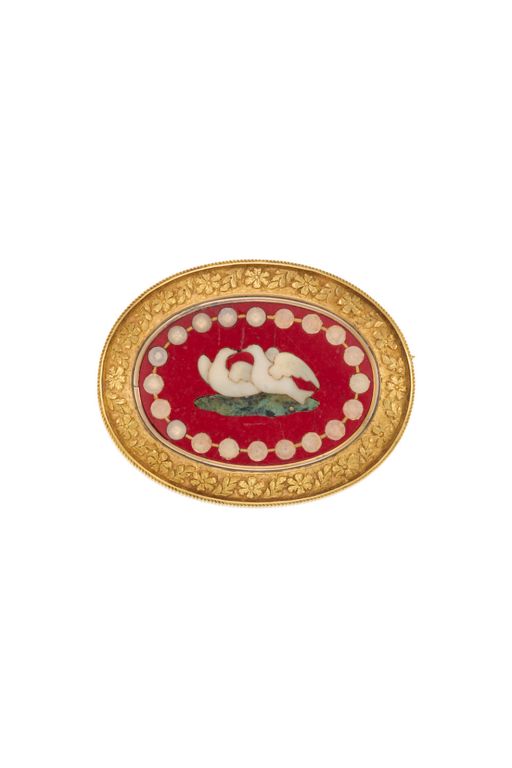 14k Gold Coral and Hardstone Brooch