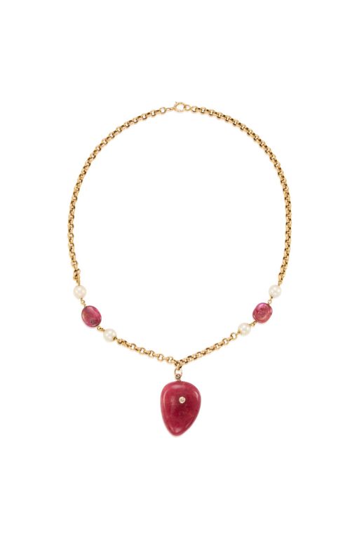 Gold Ruby and Pearl Pendant Necklace