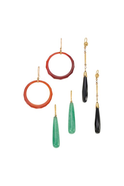 Three Pairs of Gold Multi-Gem Earrings